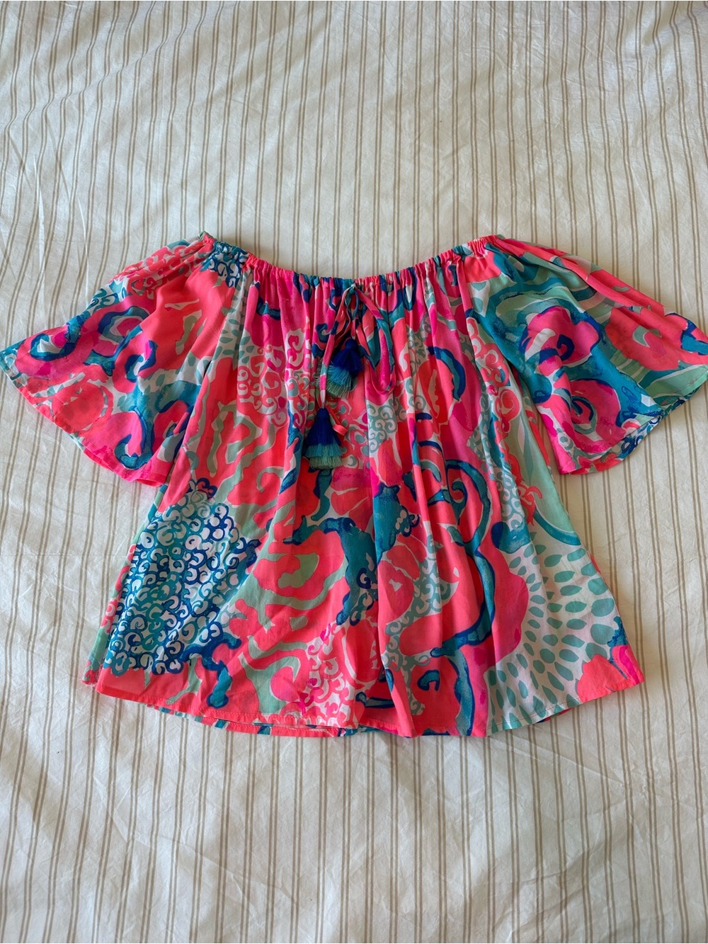 Lily Pulitzer Off-Shoulder Floral Print Summer Top in Coral and Teal Multi Color